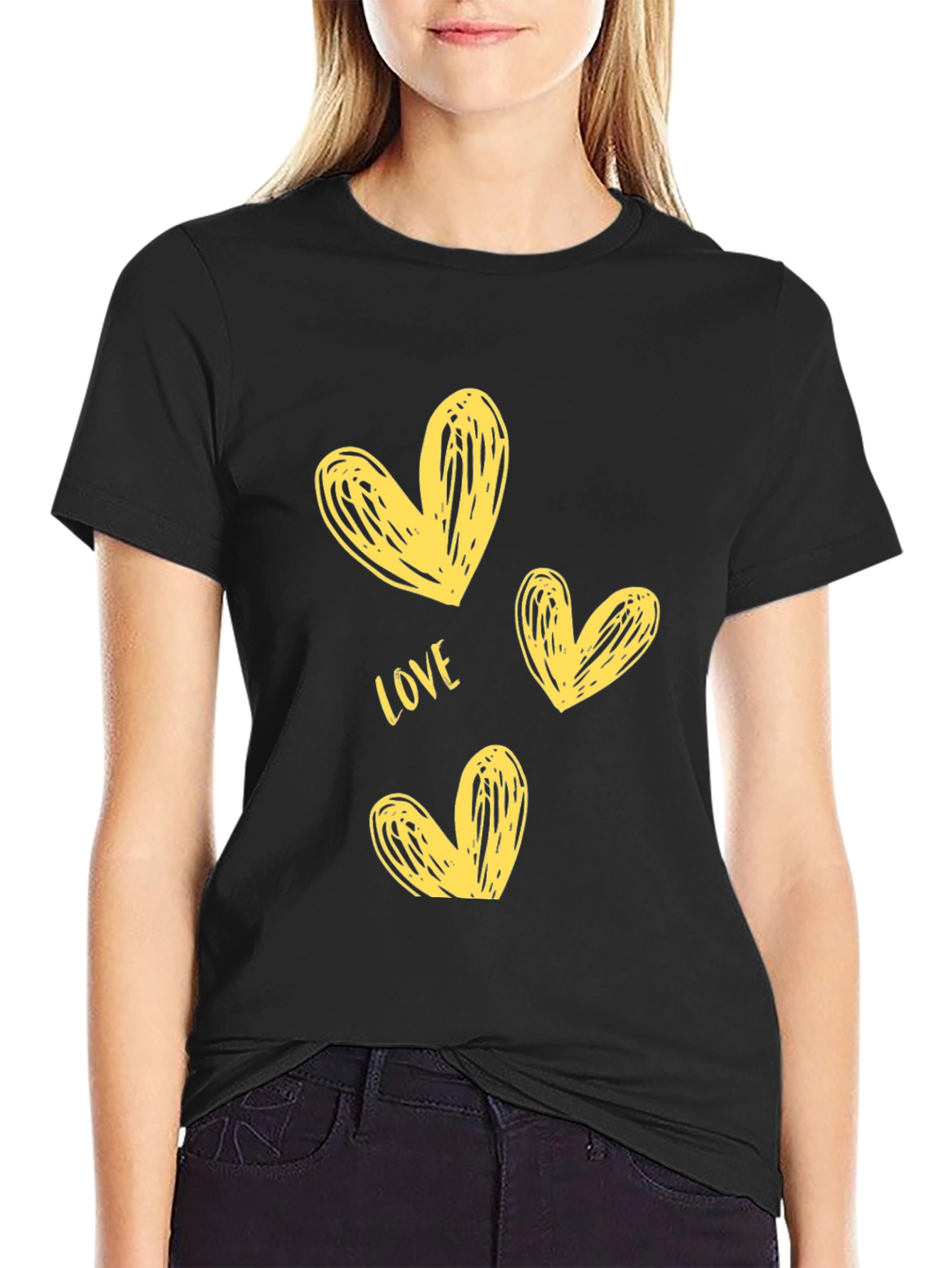 Black Love Heart Print Crew Neck T-Shirt - Black view 2