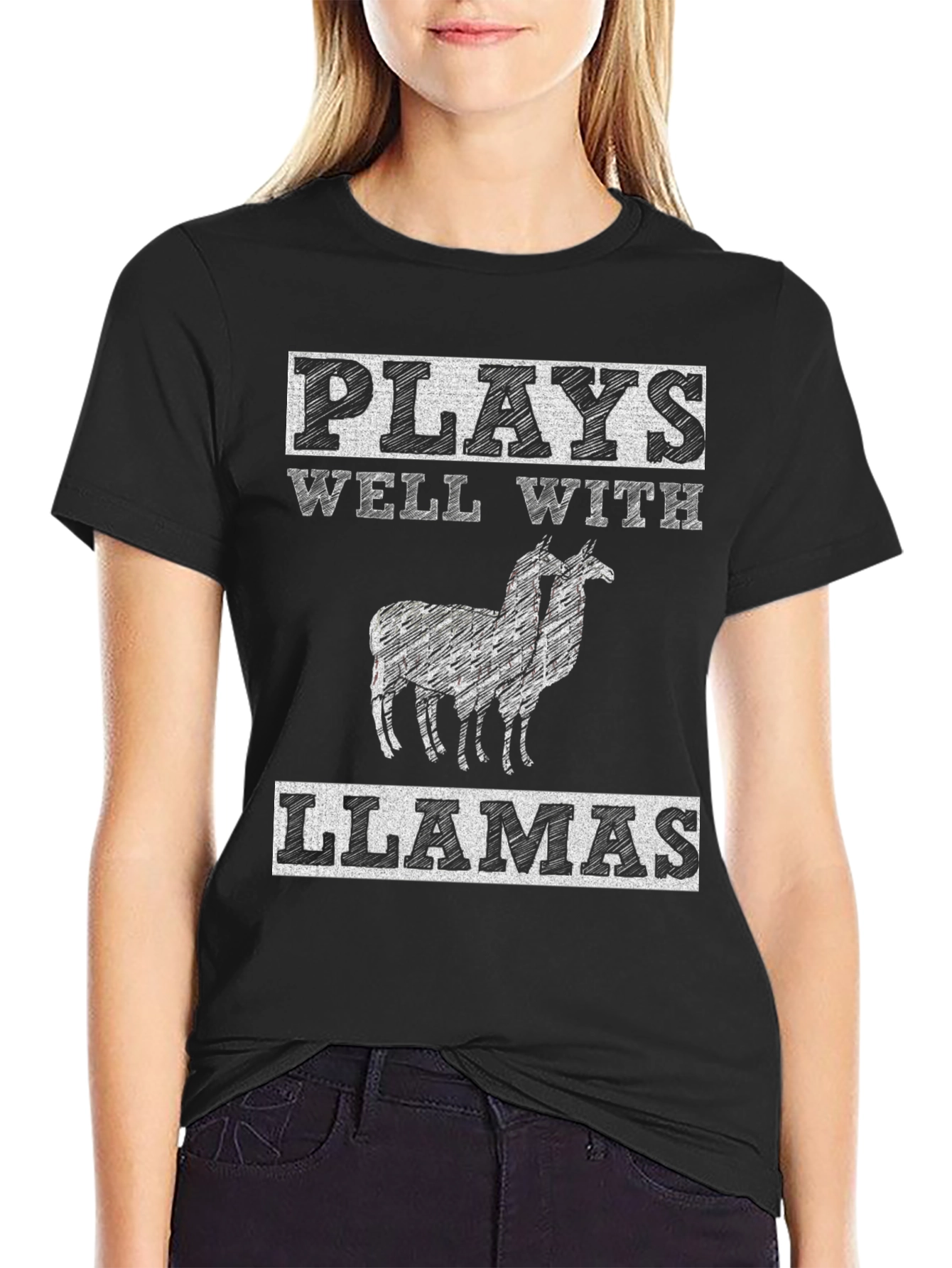 Black Plays Well with Llamas Graphic Tee view 2