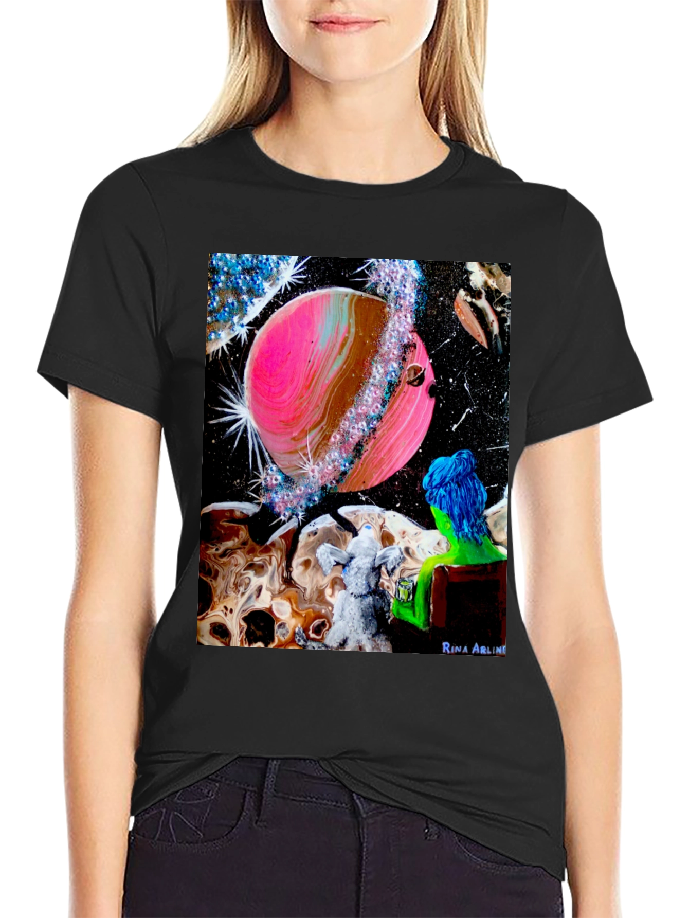 Black Cosmic Dreamer T-Shirt: Pink Planet & Blue Haired Girl view 2