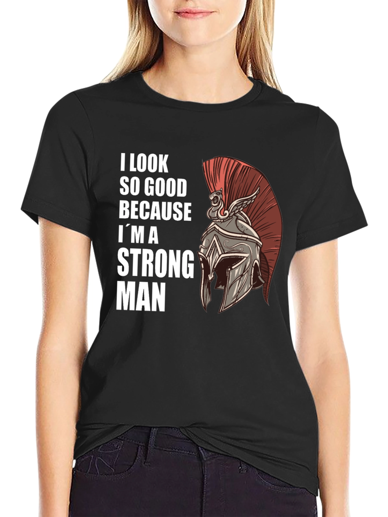Black Strong Man Graphic Tee - Spartan Helmet Design view 2