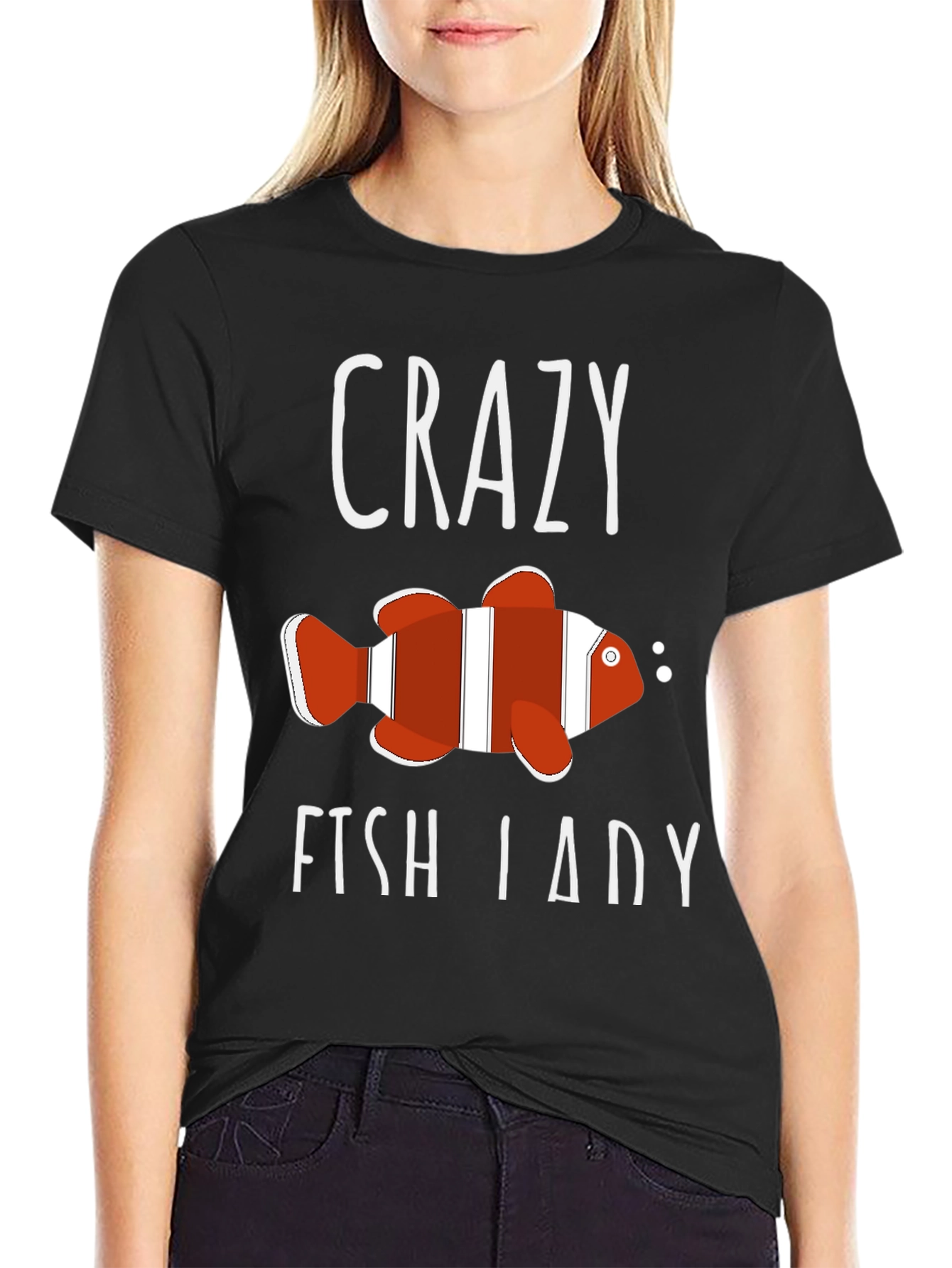 Black Crazy Fish Lady T-Shirt - Novelty Graphic Tee view 2