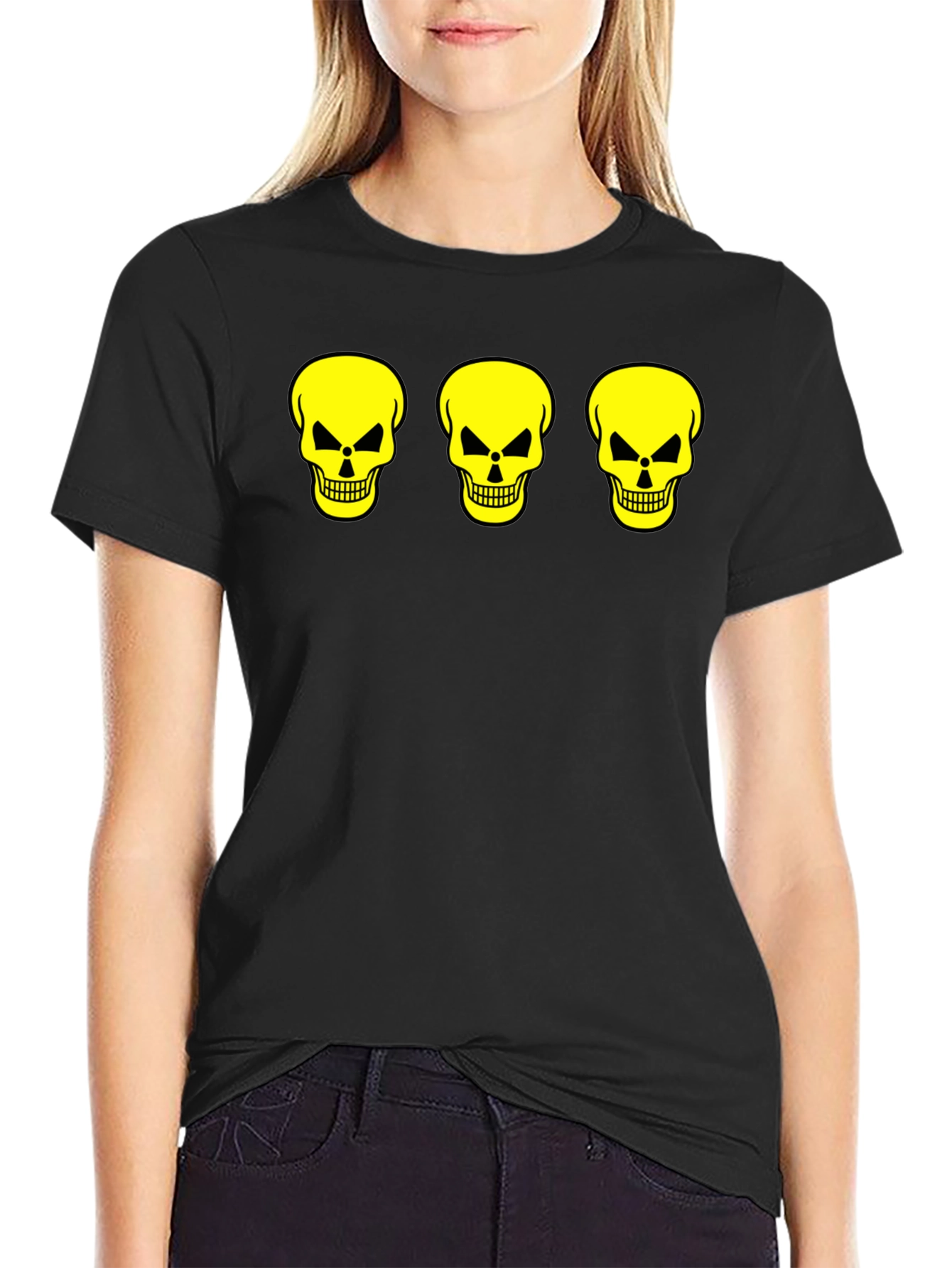 Black Skull Trio Graphic Tee - Black Cotton T-Shirt view 2