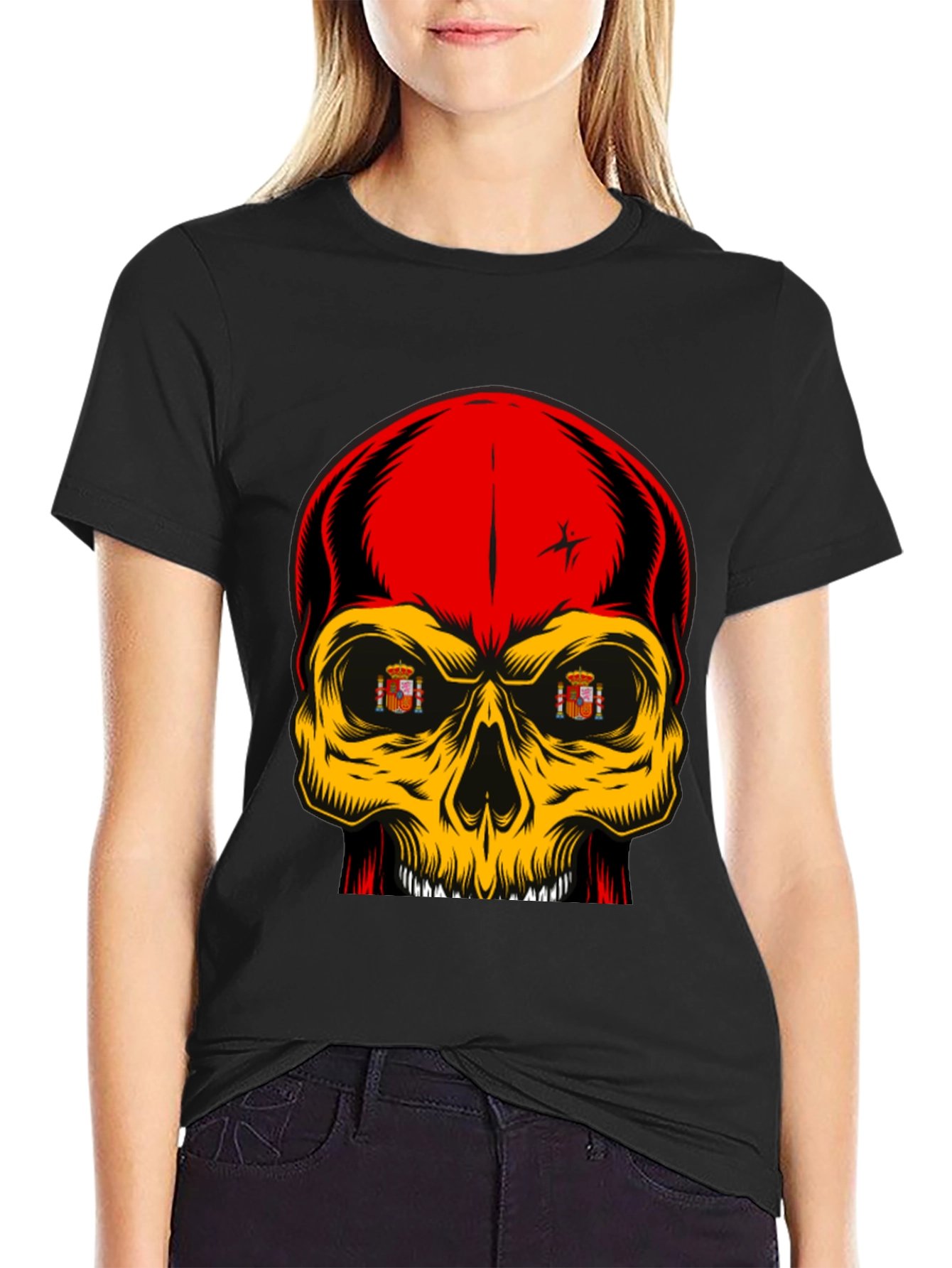 Black Spanish Flag Skull Graphic T-Shirt view 2