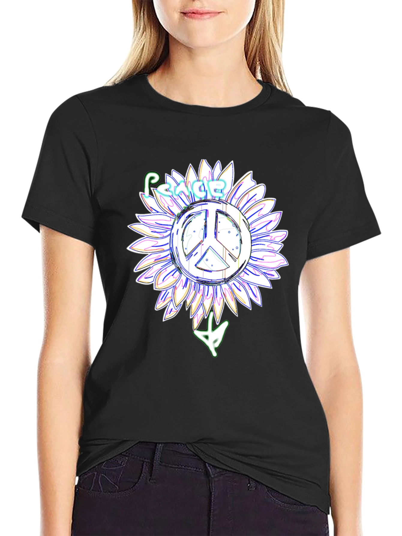 Black Peace Sign Sunflower Black T-Shirt view 2