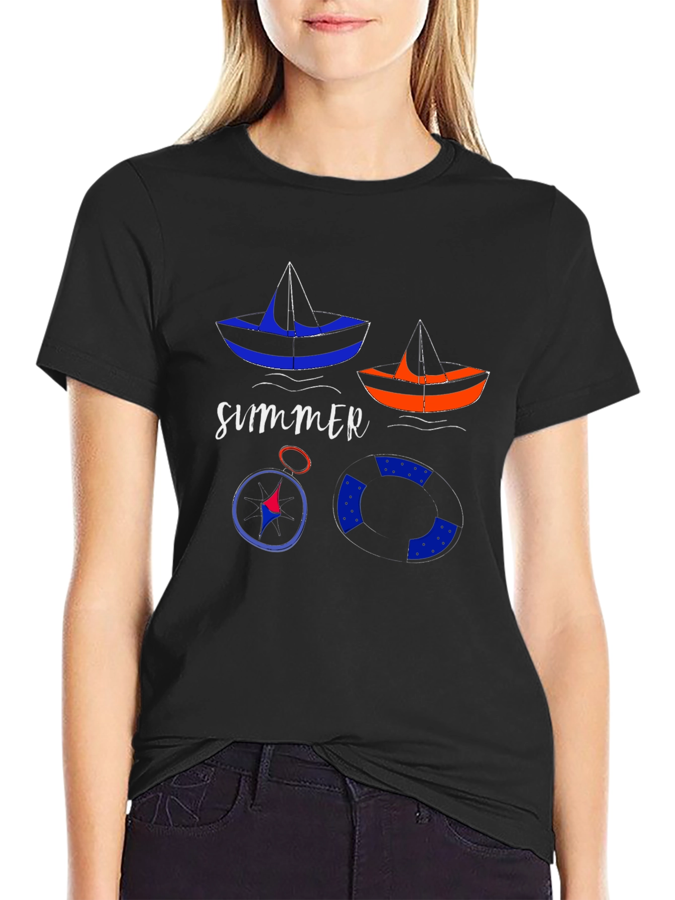 Summer Nautical T-Shirt: Sailboats, Compass, and Life Preserver - 2