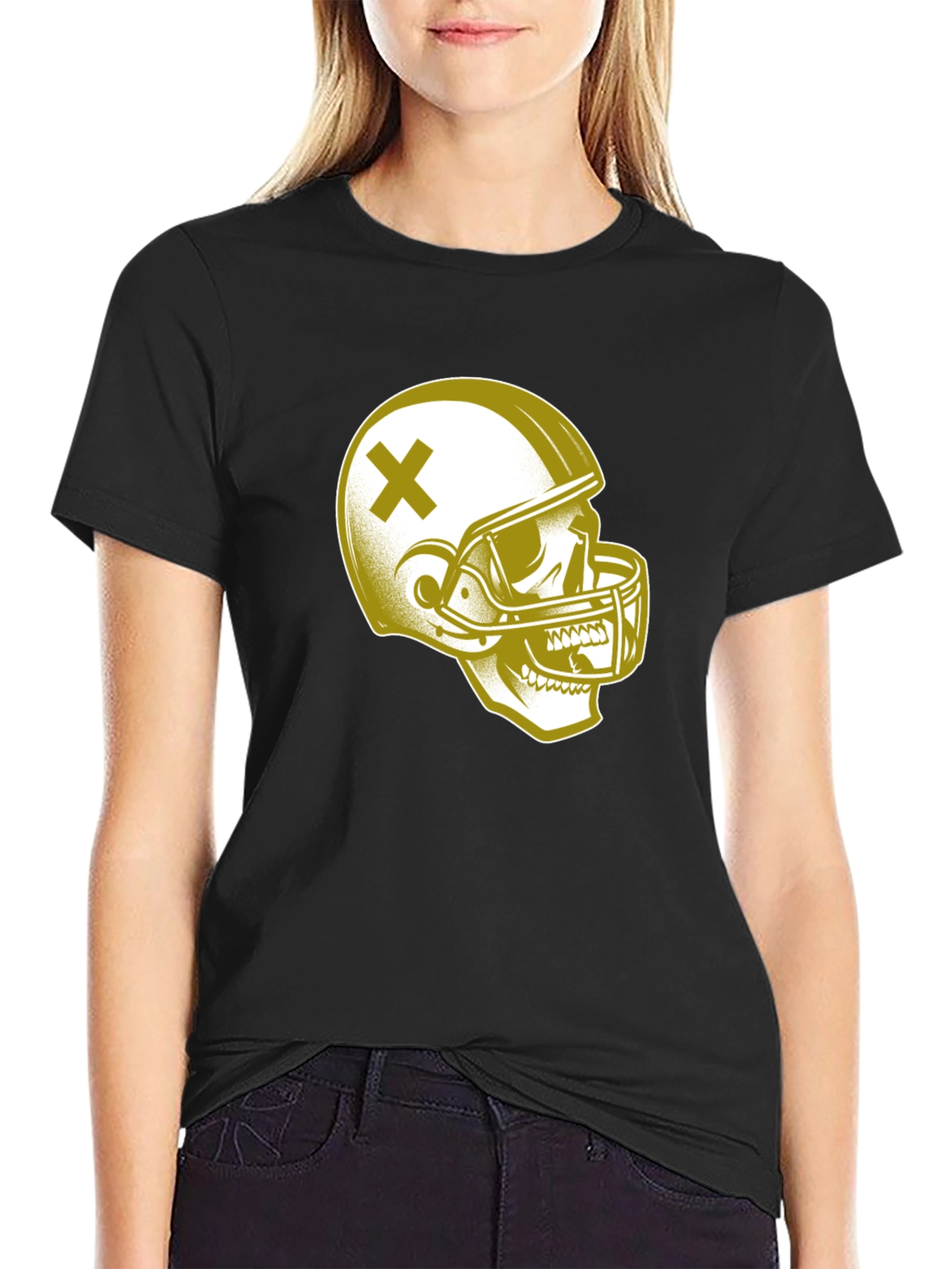Black Skull Football Helmet Graphic T-Shirt view 2