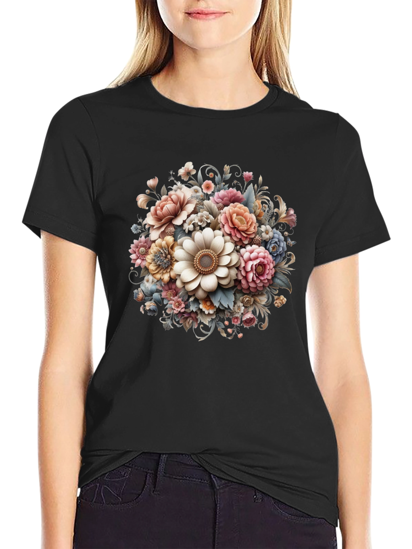 Black Floral Bouquet Graphic Black T-Shirt view 2