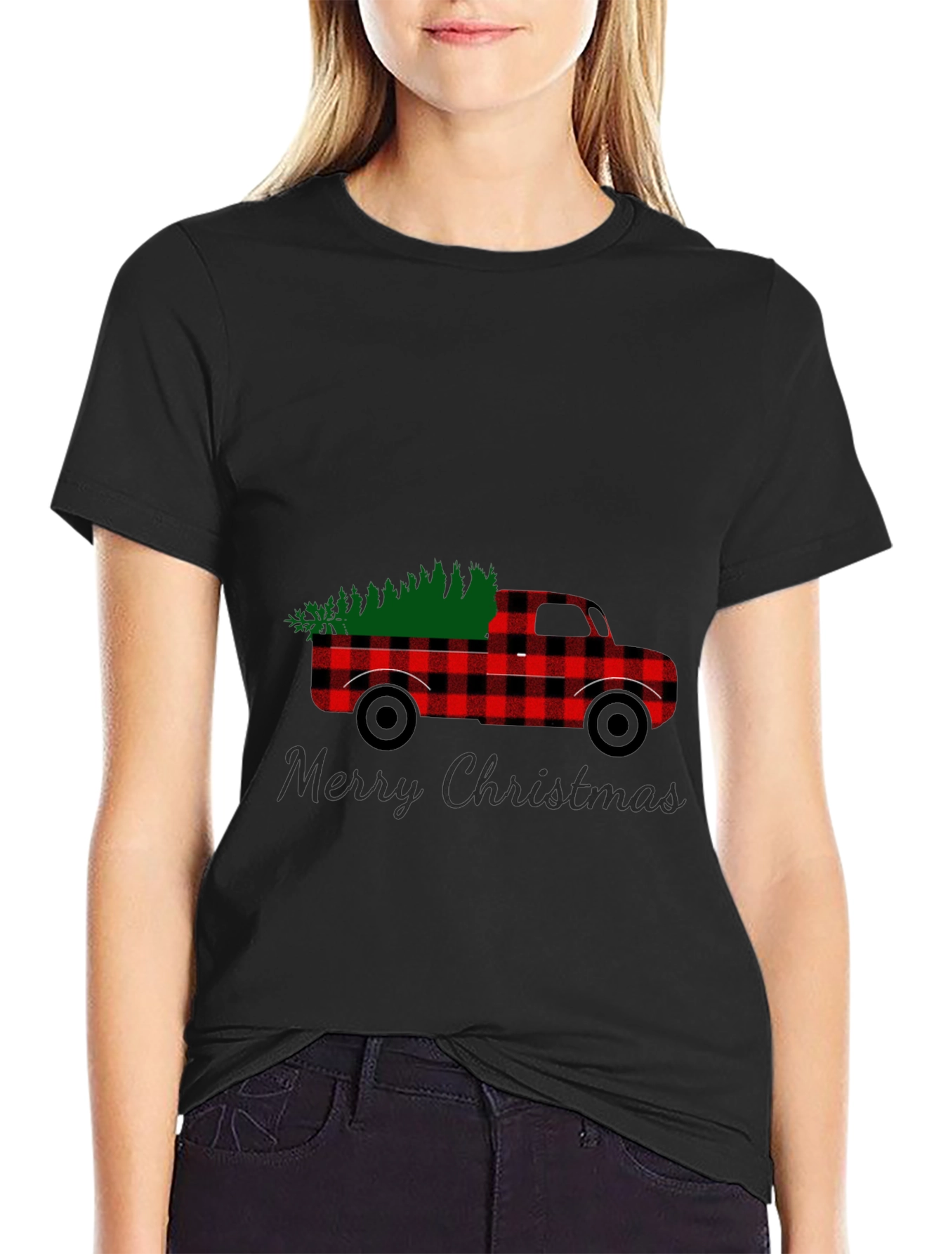 Black Merry Christmas Buffalo Plaid Truck T-Shirt view 2