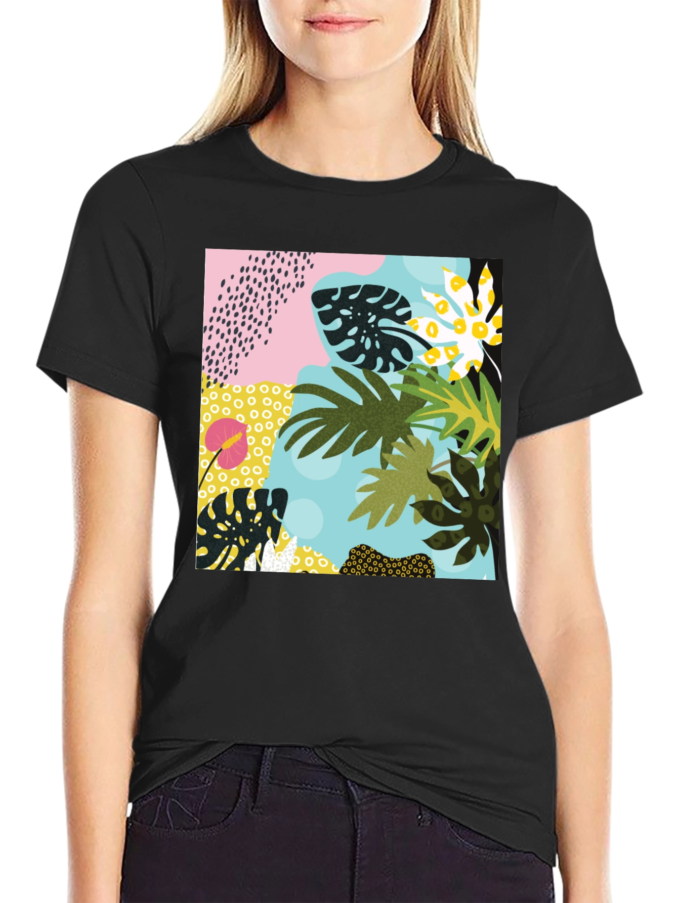 Black Tropical Print Black T-Shirt view 2