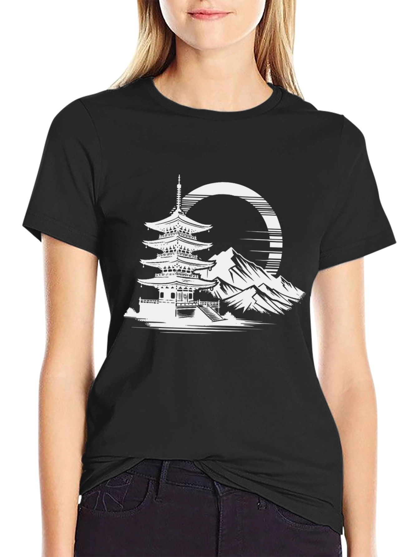 Black Pagoda Mountain Graphic Tee - Black Cotton Blend view 2