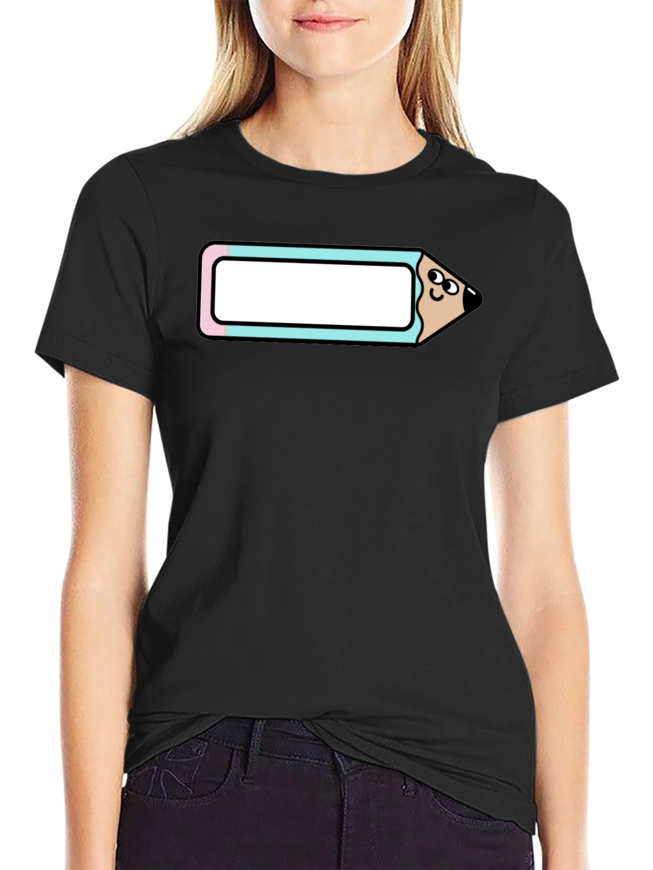 Black Cute Cartoon Pencil T-Shirt - Black Cotton Tee view 2