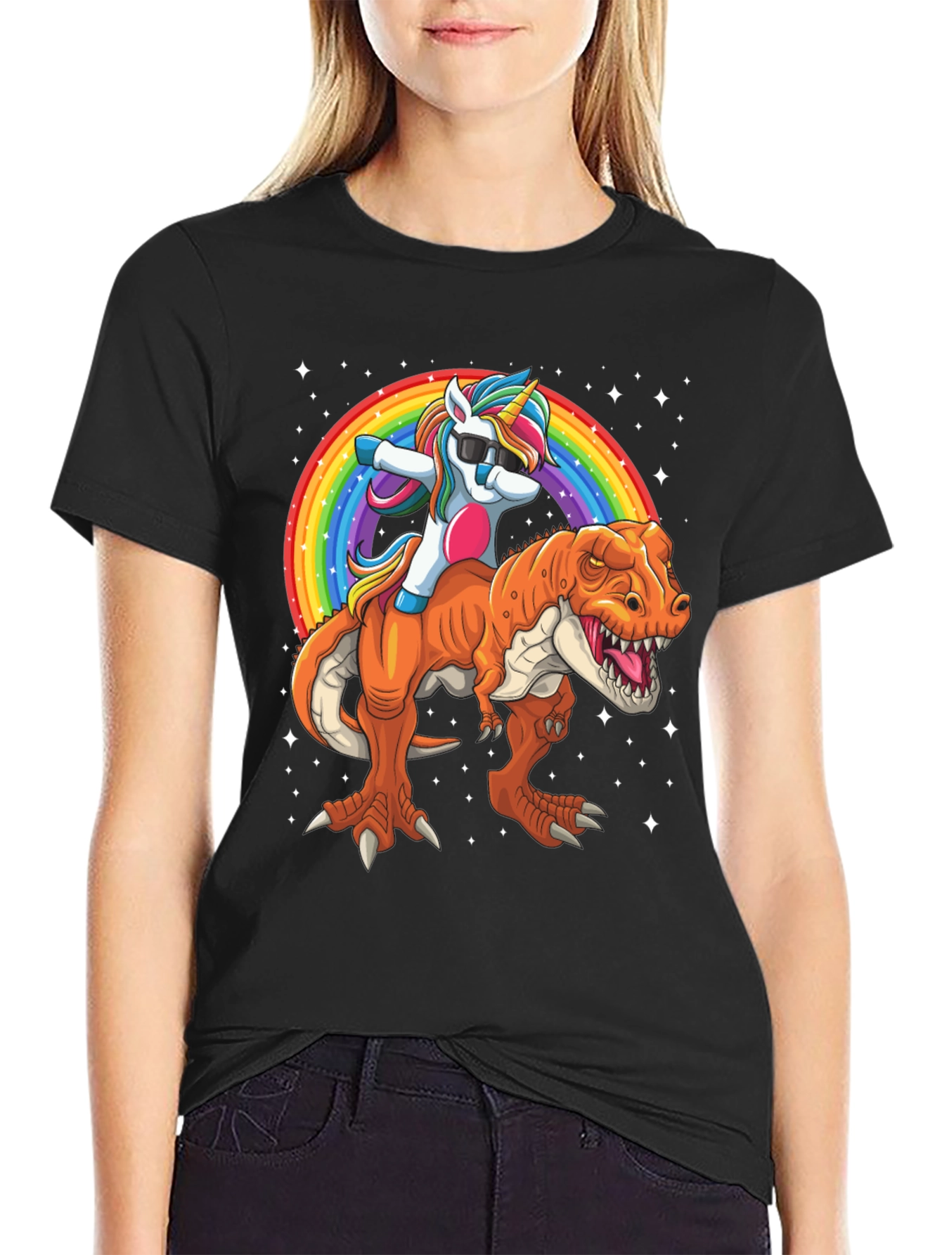Black Unicorn Riding Dinosaur Men's Graphic T-Shirt view 2