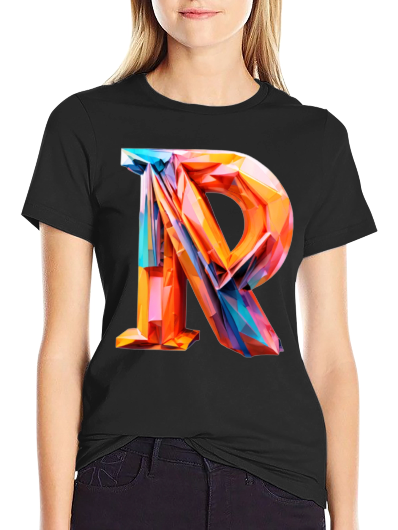 Black Abstract Letter R Graphic Tee - Modern Geometric Design view 2