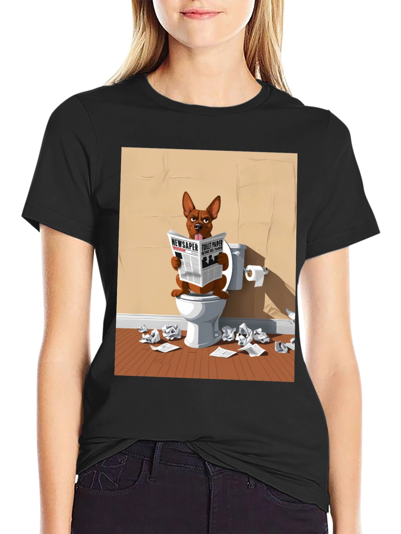 Black Dog on Toilet Reading Newspaper Graphic Tee view 2