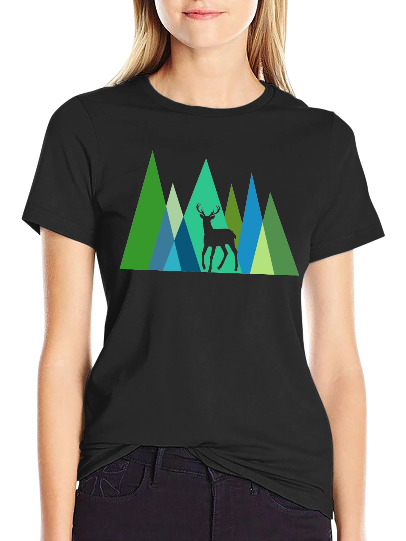 Black Geometric Deer Graphic Tee - Nature Inspired Black T-Shirt view 2