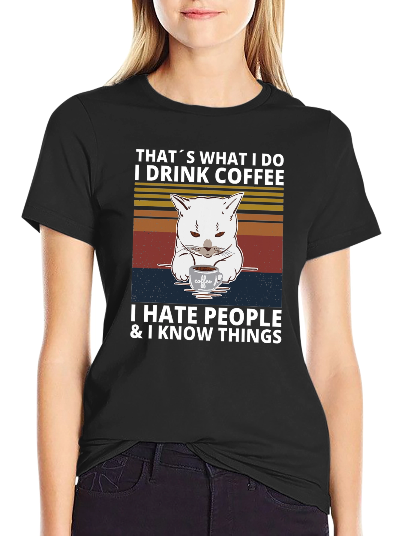 Black I Drink Coffee, I Hate People Cat T-Shirt view 2