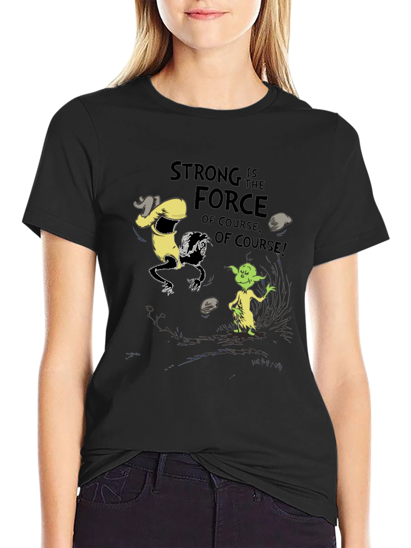 Black Grinch Yoda "Strong Force" Black T-Shirt view 2