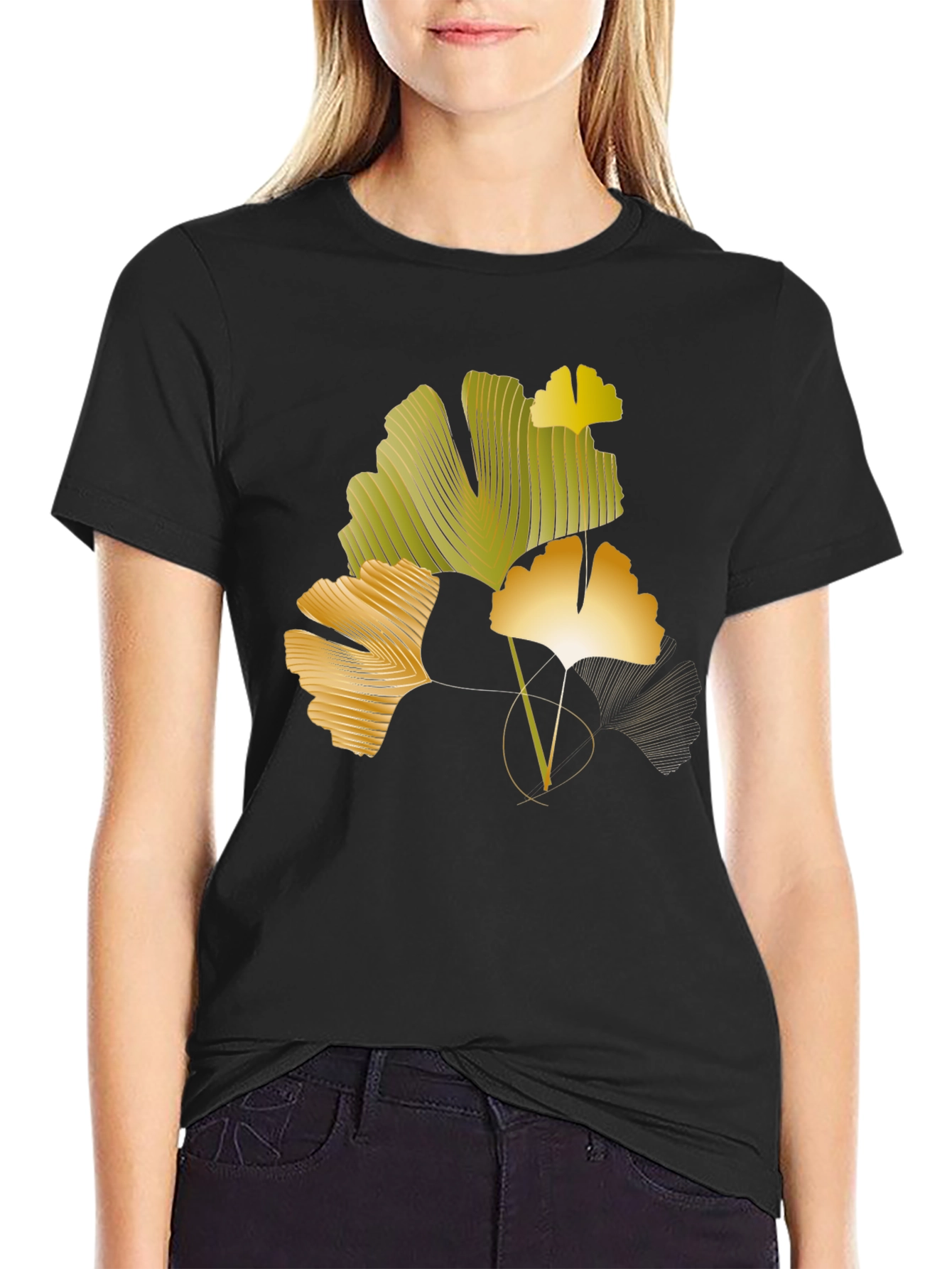 Black Ginkgo Leaf Graphic Black T-Shirt view 2