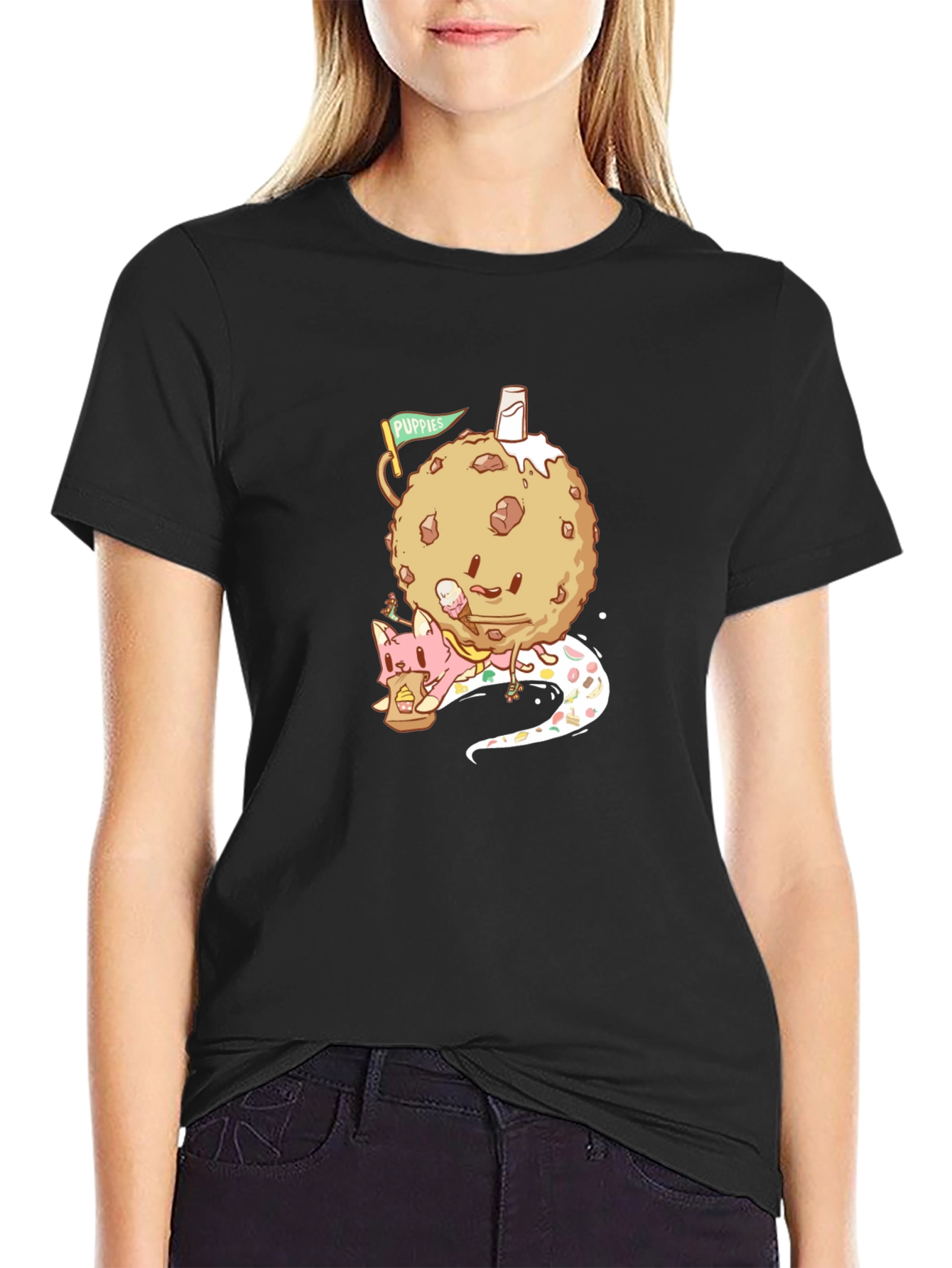 Black Cookie and Cat Graphic Tee - Fun Black T-Shirt view 2