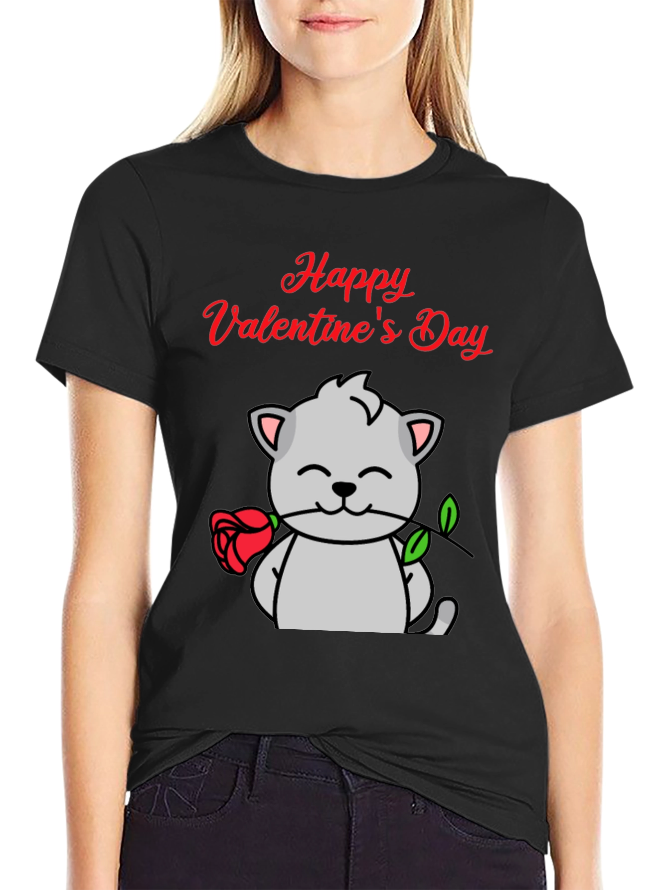 Black Happy Valentine's Day Cat T-Shirt view 2