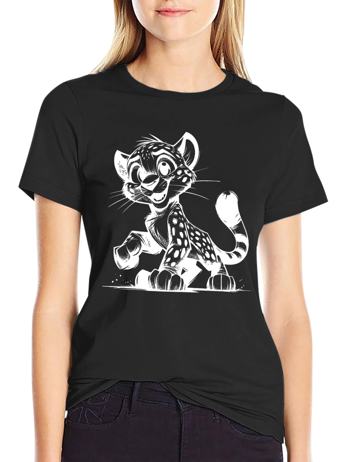 Black Cartoon Leopard Graphic Print Black T-Shirt view 2