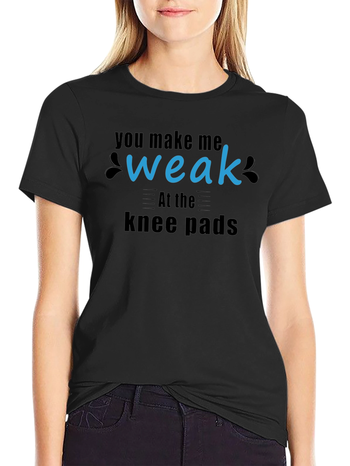 Black Humorous "Weak at the Knee Pads" Graphic Tee view 2