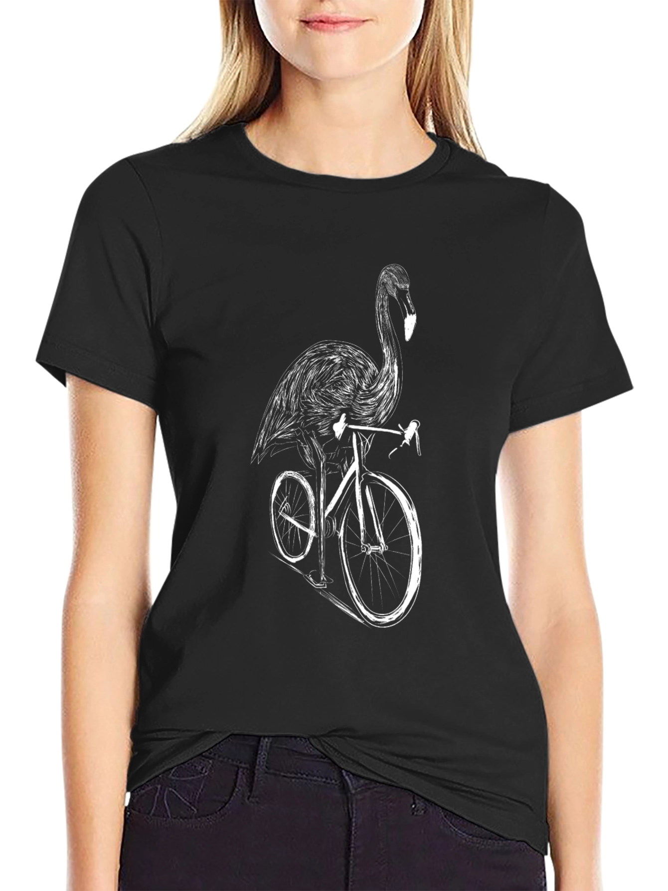 Black Flamingo Riding Bicycle Black Tee view 2