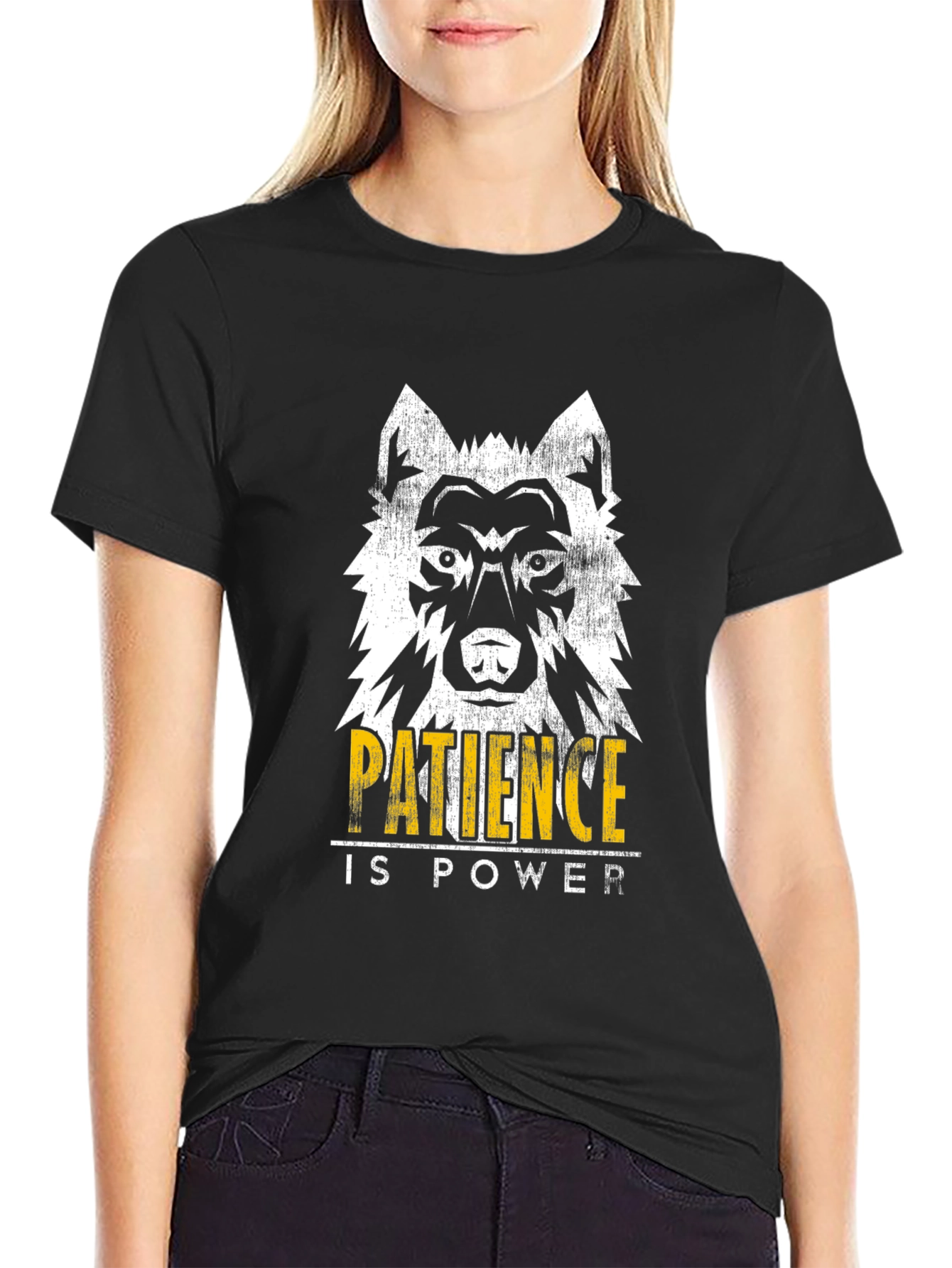 Black Wolf Patience is Power Graphic Tee - Black Cotton T-Shirt view 2