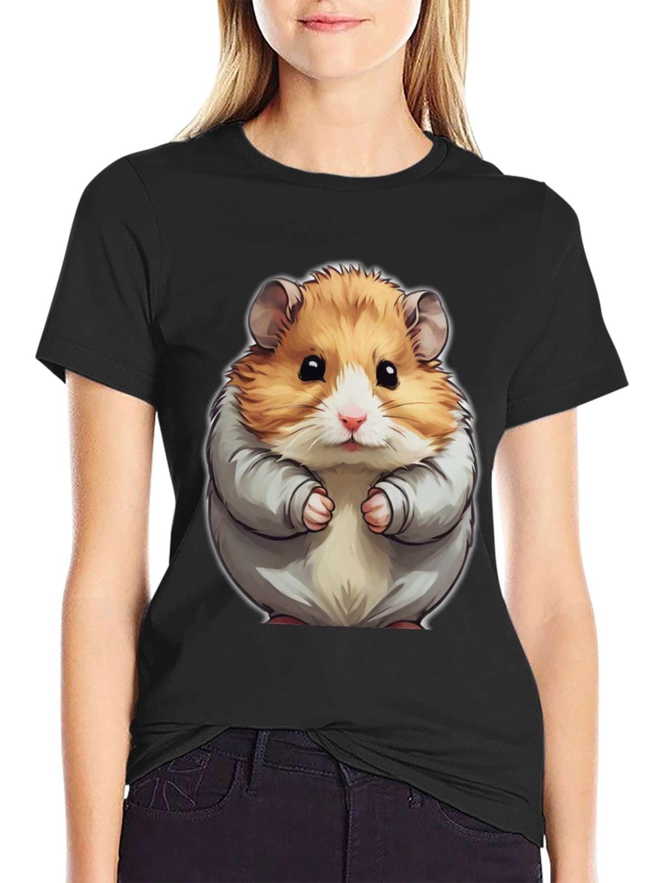 Black Cute Hamster Graphic Tee - Black Cotton T-Shirt view 2