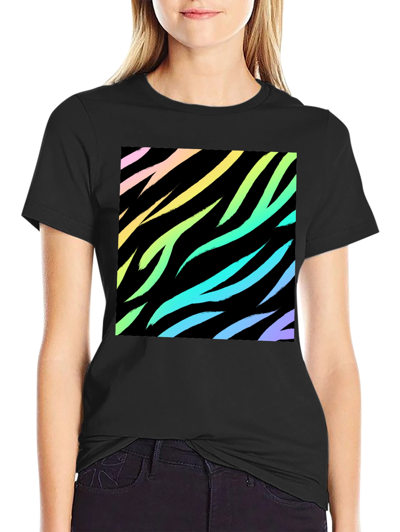 Black Rainbow Zebra Print Black T-Shirt view 2