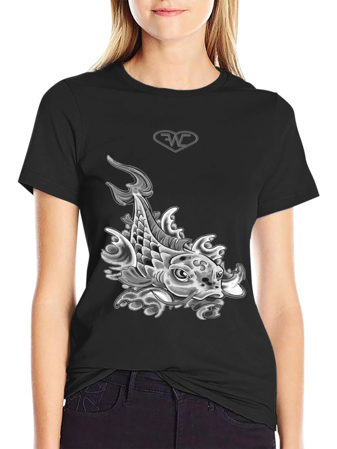 Black Koi Fish Graphic T-Shirt - Black Cotton Blend Tee view 2