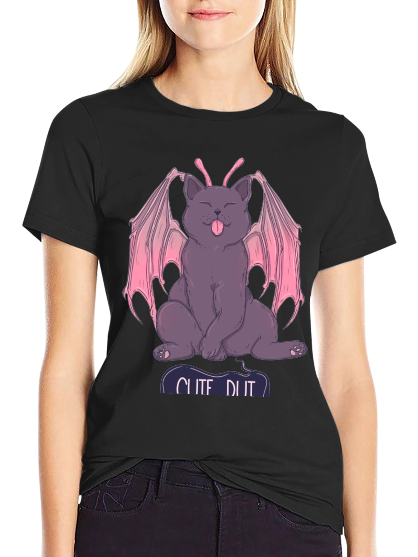 Black Cute Devil Cat Tee - Funny Graphic T-Shirt view 2