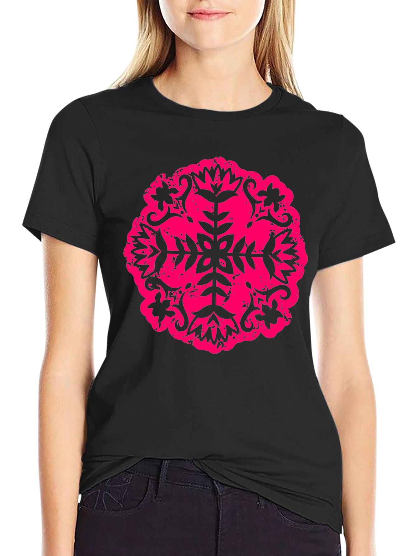 Black Black Tee with Pink Floral Mandala Design view 2