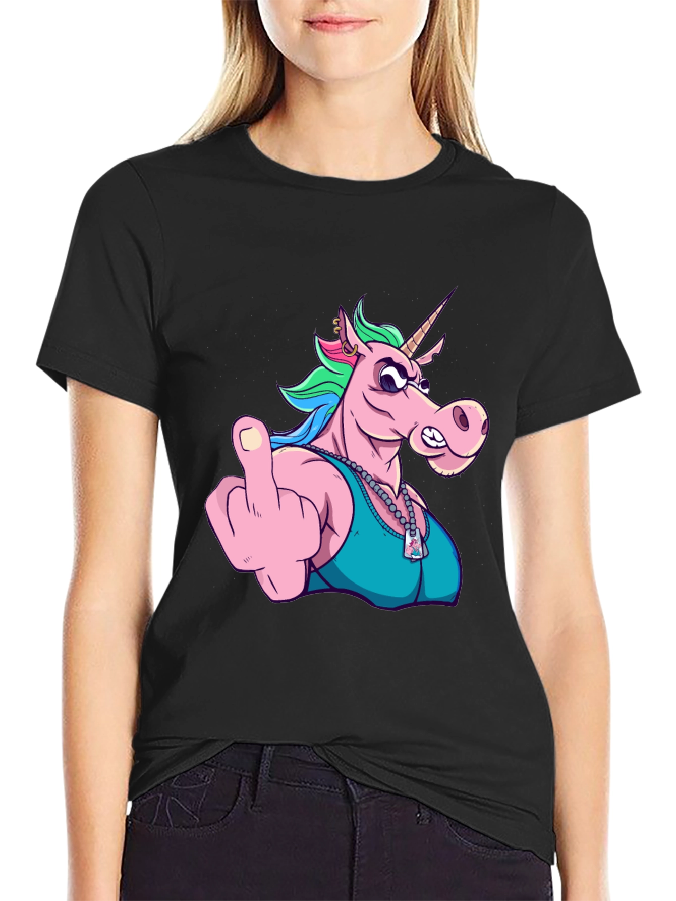 Black Funny Unicorn Middle Finger Graphic Tee view 2