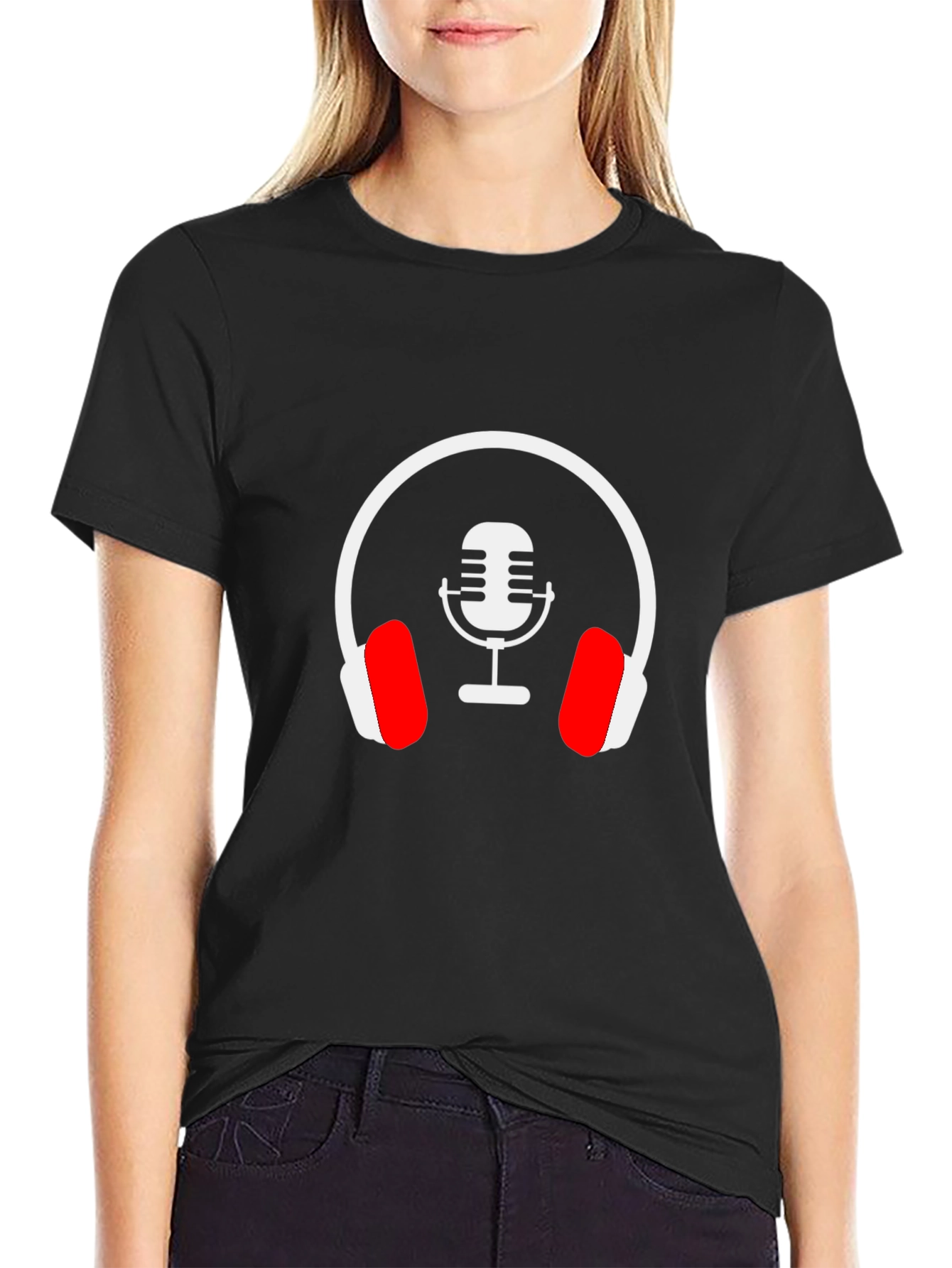 Black Podcast Microphone Headphones Graphic Tee view 2