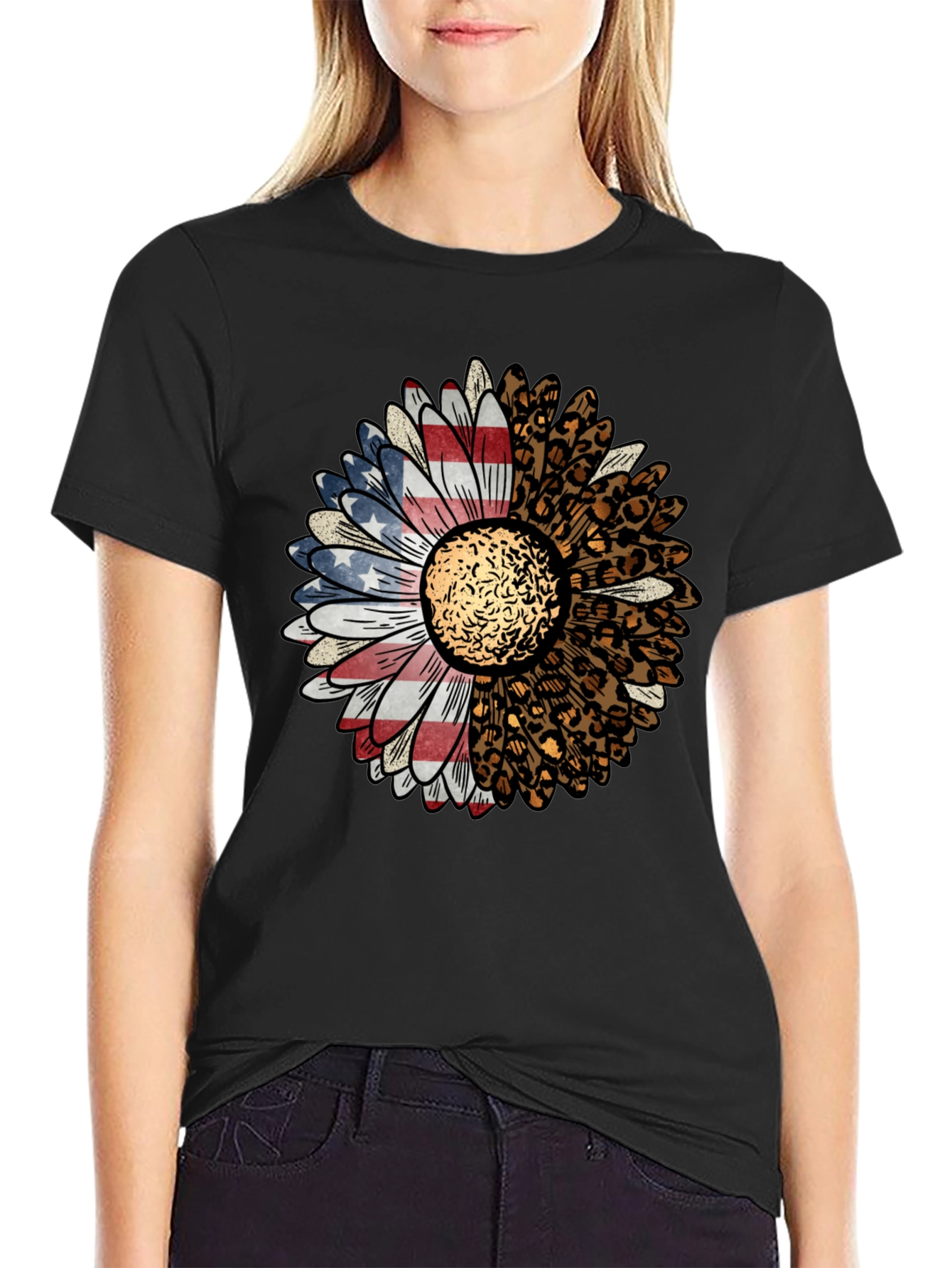 Black American Flag Leopard Sunflower Graphic Tee view 2