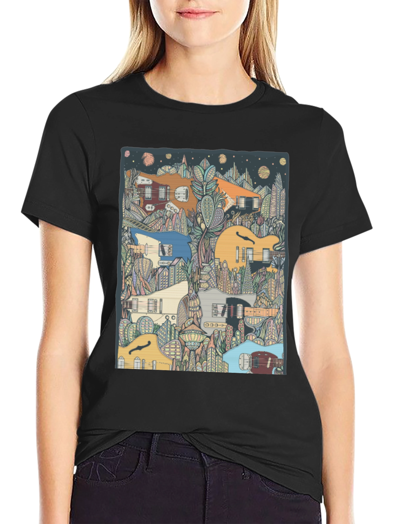 Black Guitar Cityscape T-Shirt - Music Lover Tee view 2