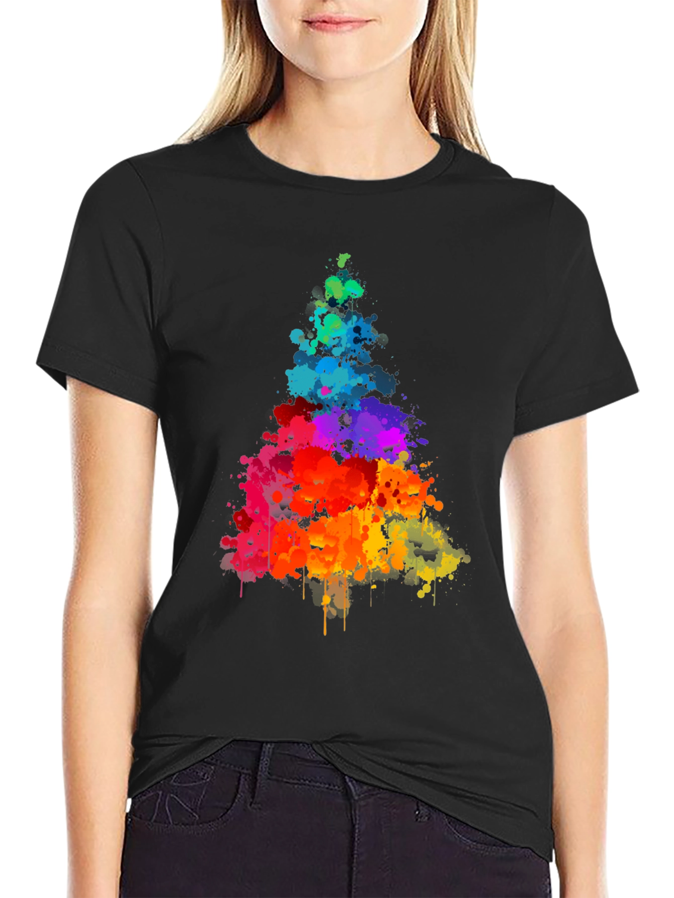 Black Rainbow Splatter Tree Graphic Tee - Black Cotton Shirt view 2