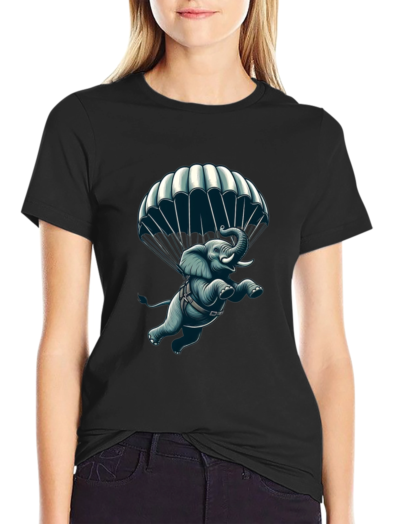 Black Parachuting Elephant Graphic Tee view 2