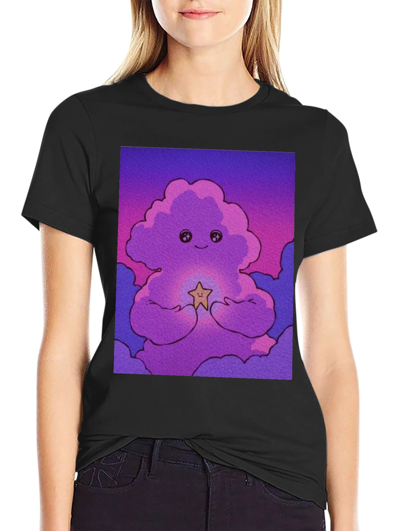 Black Cute Cloud Star Black T-Shirt view 2
