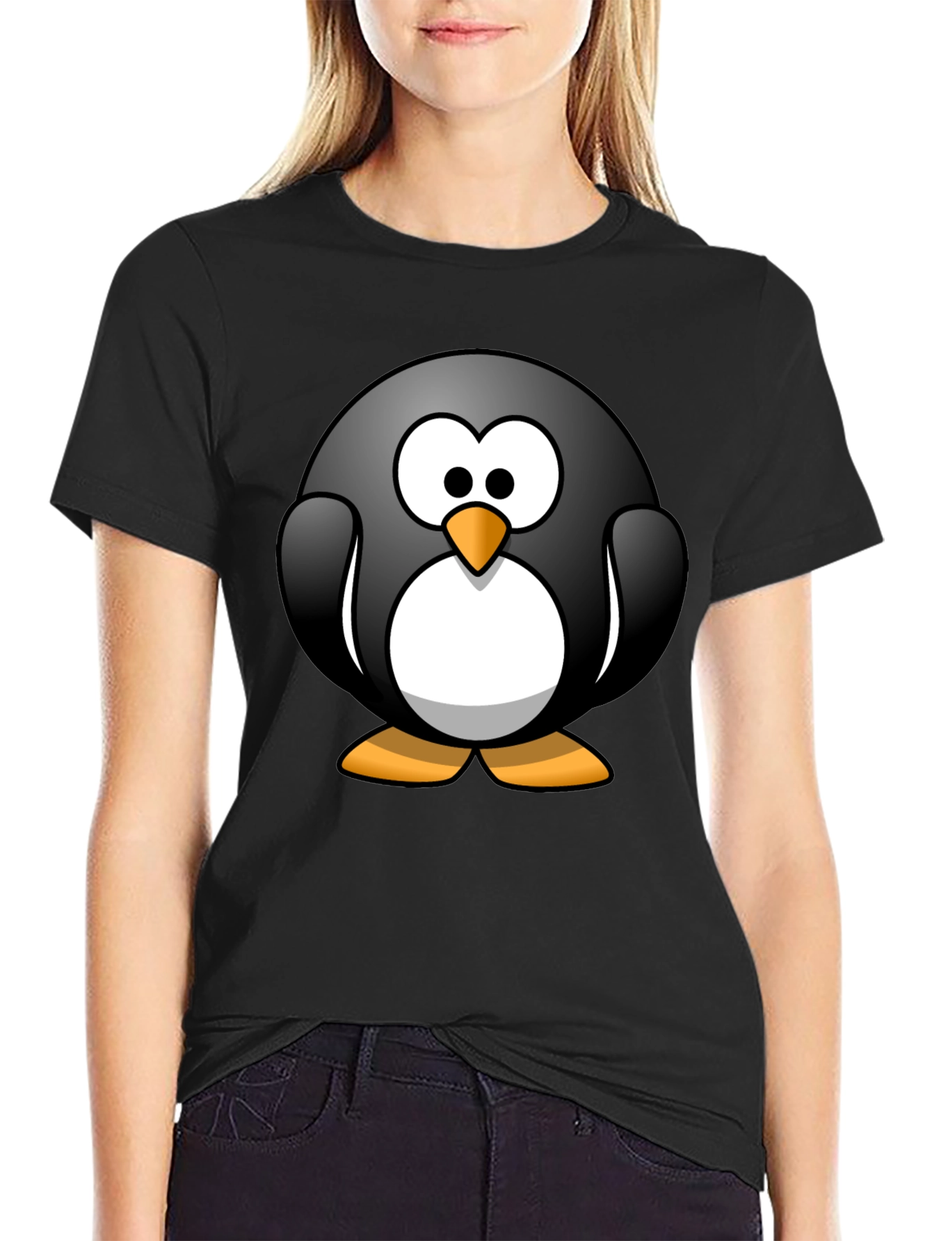 Black Cartoon Penguin Graphic Black T-Shirt view 2