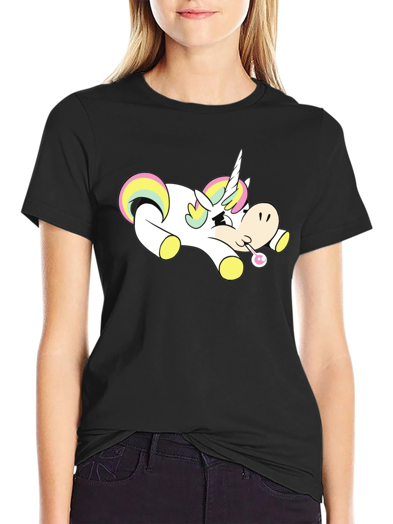Black Unicorn Cartoon Black T-Shirt view 2