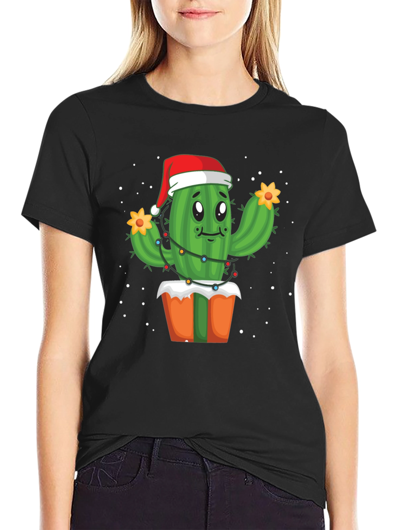 Black Festive Cactus Christmas T-Shirt view 2