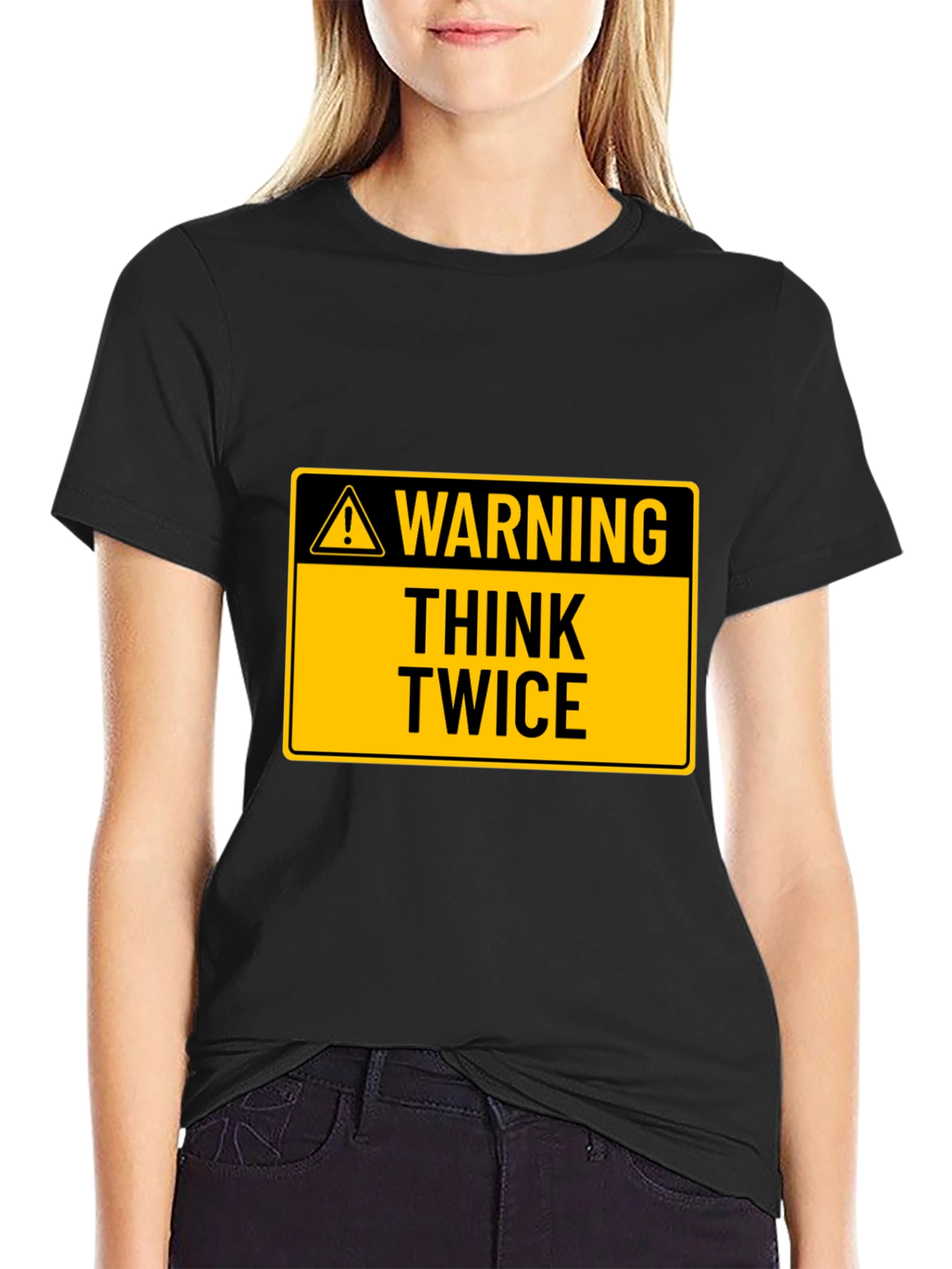 Black Warning Think Twice Graphic Tee - Black Cotton T-Shirt view 2