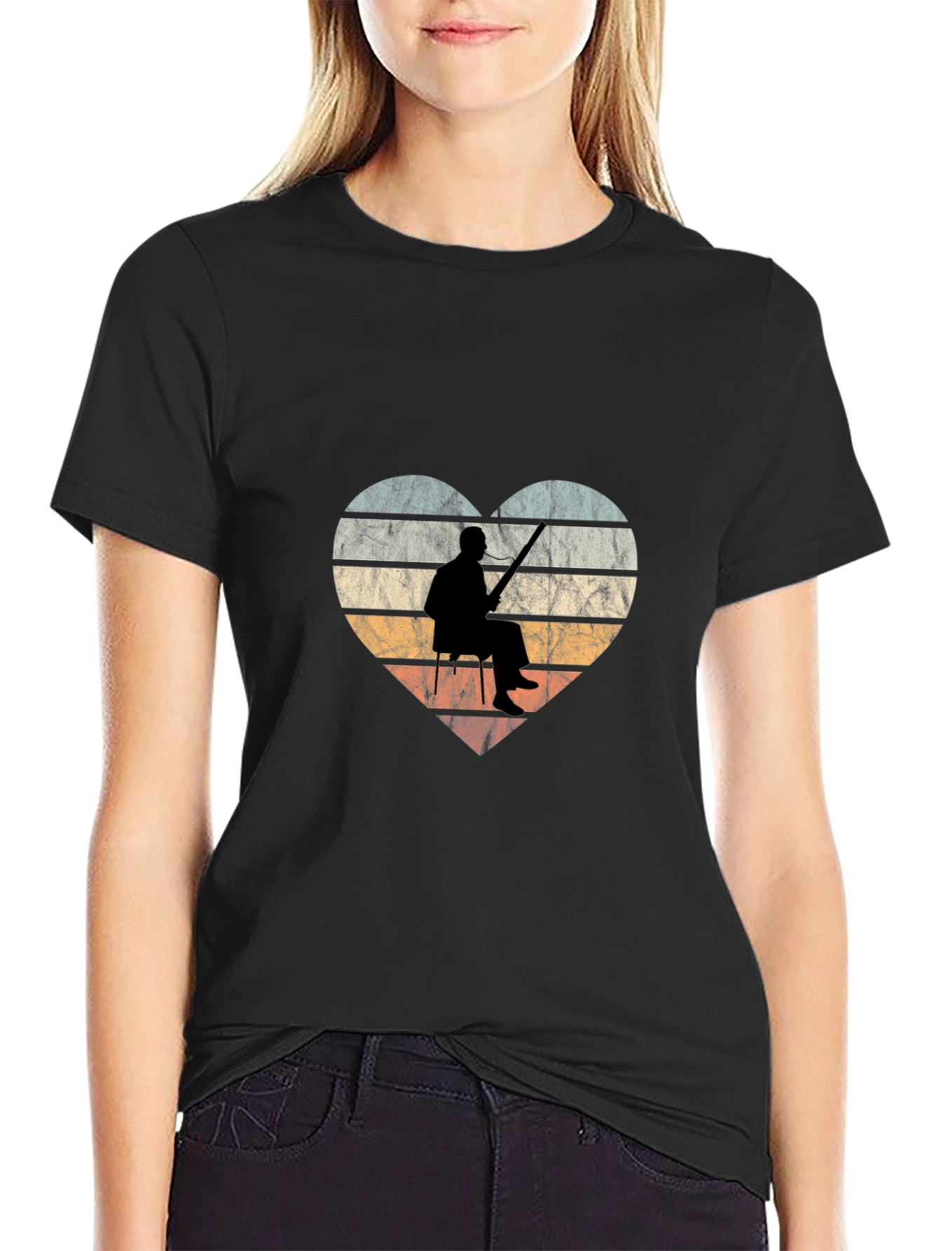 Black Vintage Fishing Heart Graphic T-Shirt view 2
