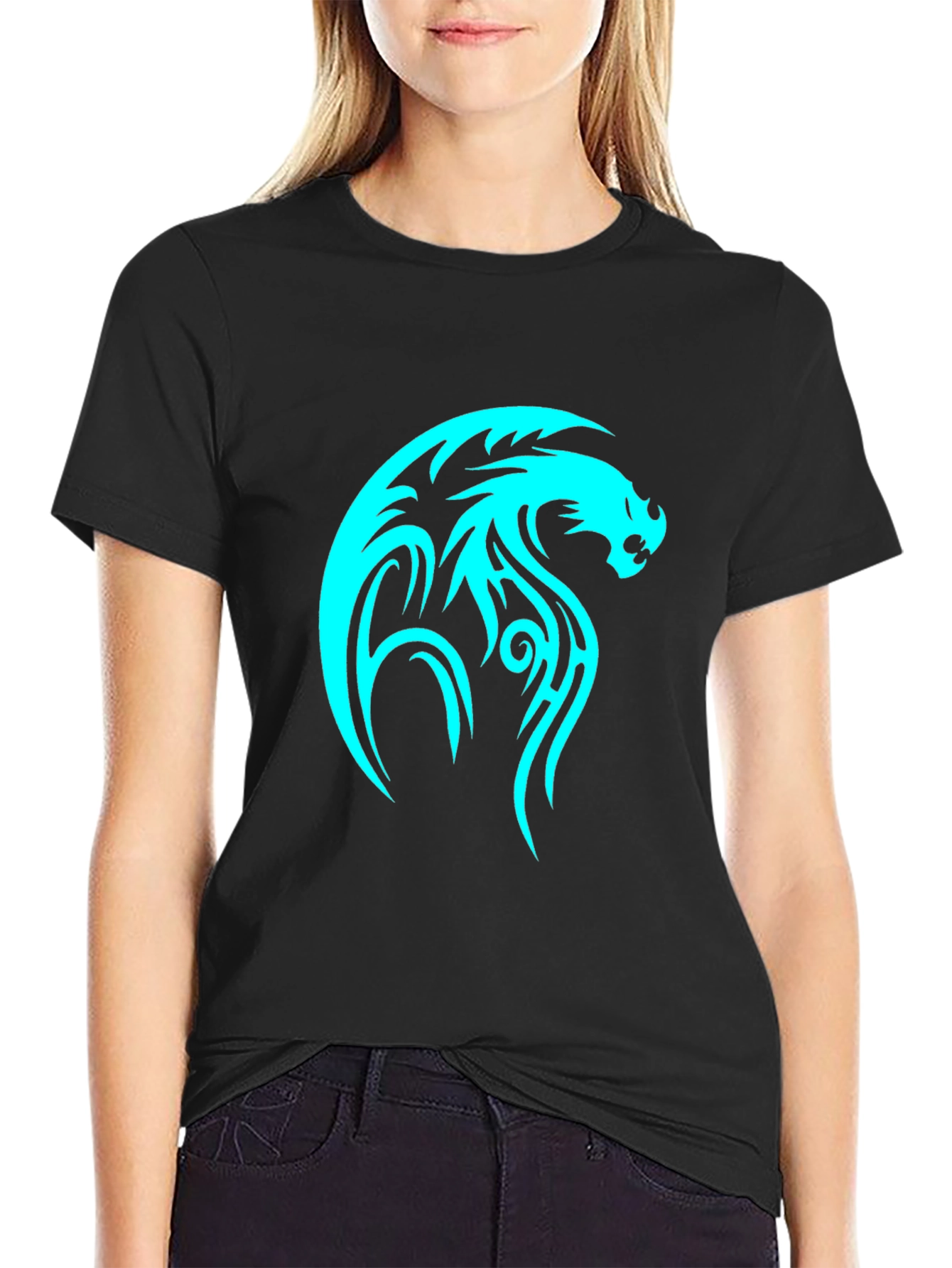 Black Tribal Dragon Graphic Tee - Black Cotton T-Shirt view 2