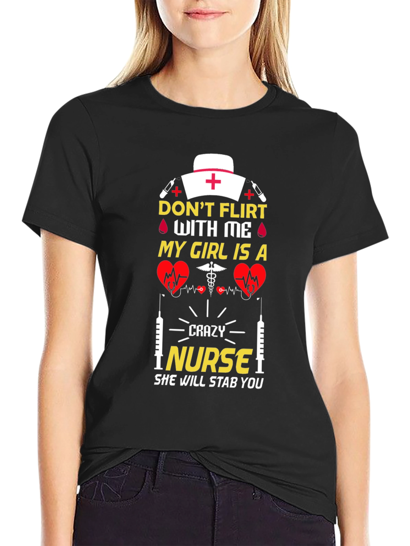 Black Crazy Nurse Graphic T-Shirt Novelty Gift view 2