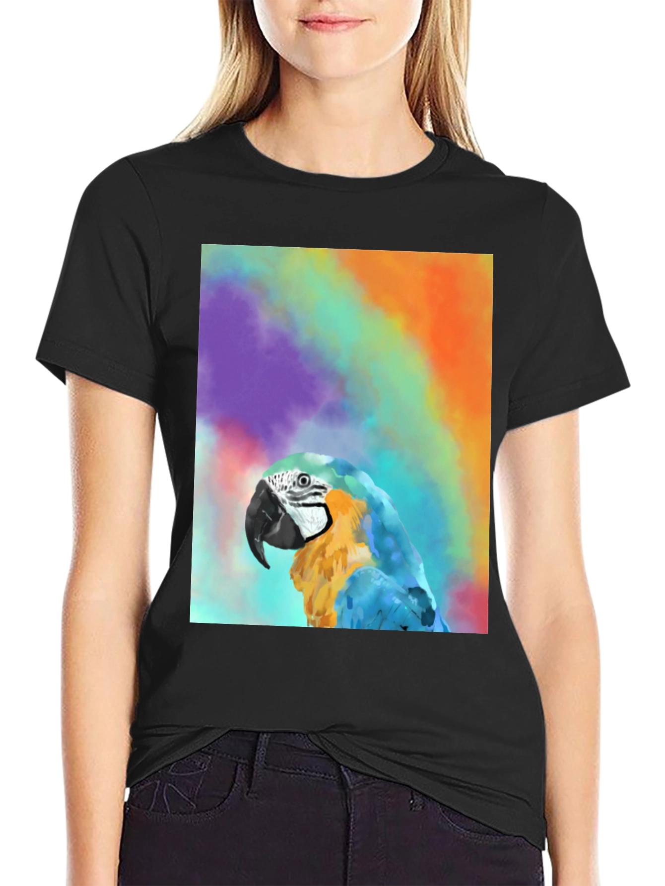 Black Parrot Graphic Tee - Colorful Macaw Design view 2