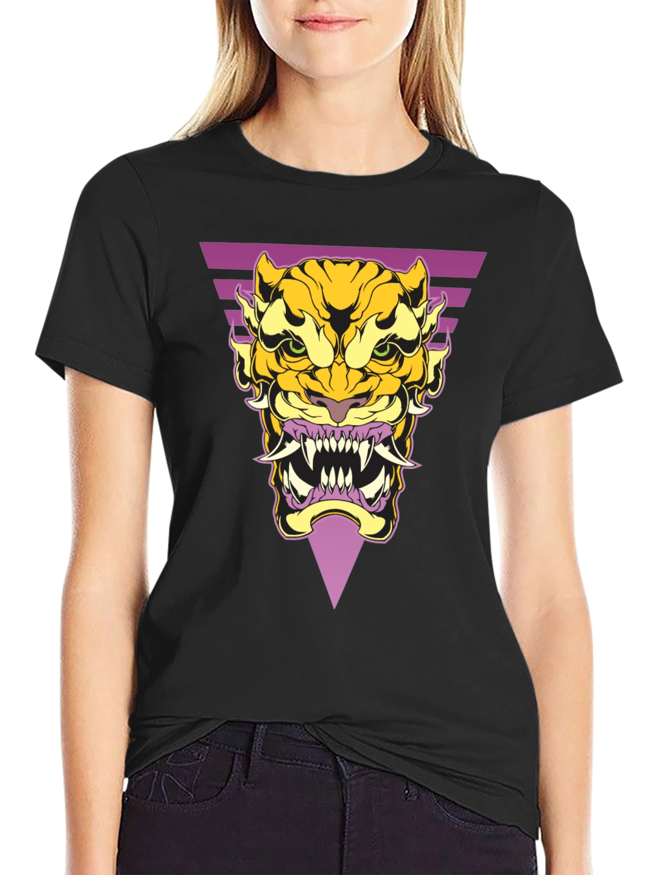Black Geometric Tiger Graphic Tee - Black Cotton T-Shirt view 2
