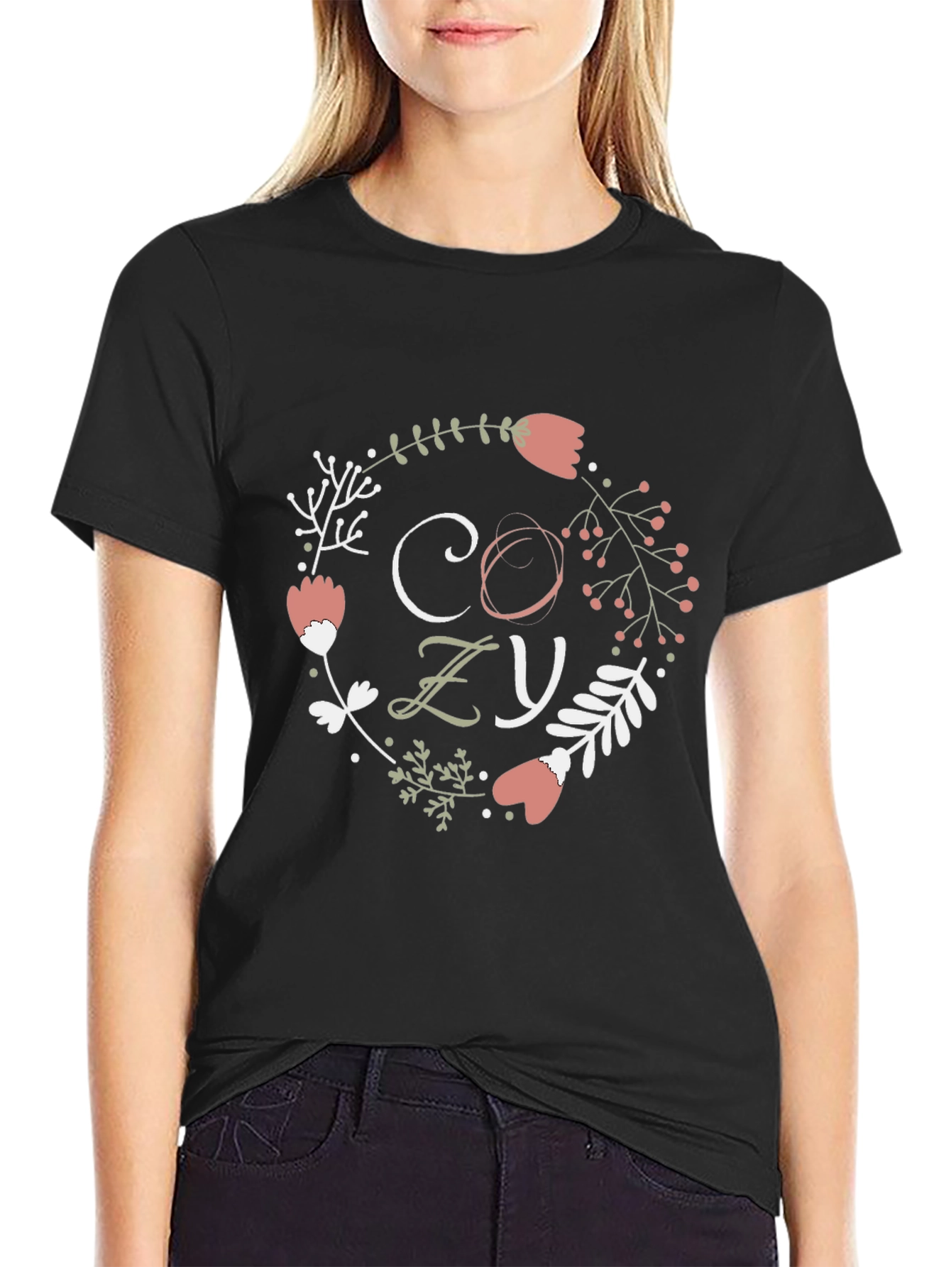 Black Cozy Floral Wreath Graphic Tee - Stylish Comfort view 2